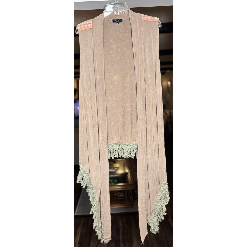 POL Sleeveless Boho Duster Vest Fringe Hem Open Front Size M Style YES275‎